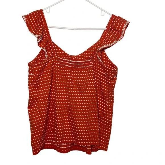 Lucky Brand M Red Orange Coral Dot Blouse Sleeveless Button Up Ruffle Top Tomato - Picture 2 of 5